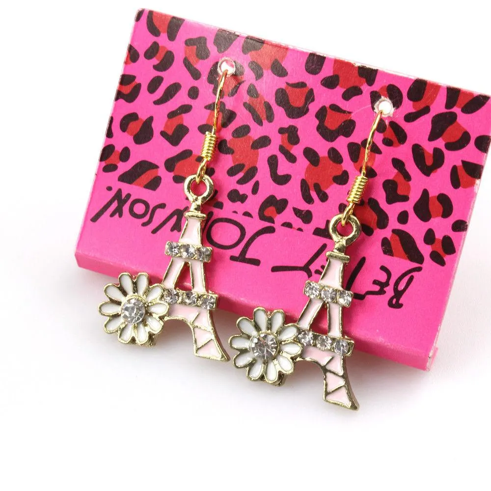 Betsey Johnson Eiffel Tower Pink Enamel Crystal Flower Earrings