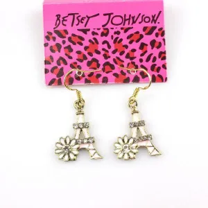 Betsey Johnson Eiffel Tower Pink Enamel Crystal Flower Earrings