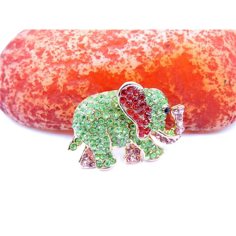 Betsey Johnson Elephant Green Pink Red Crystal Brooch Pin