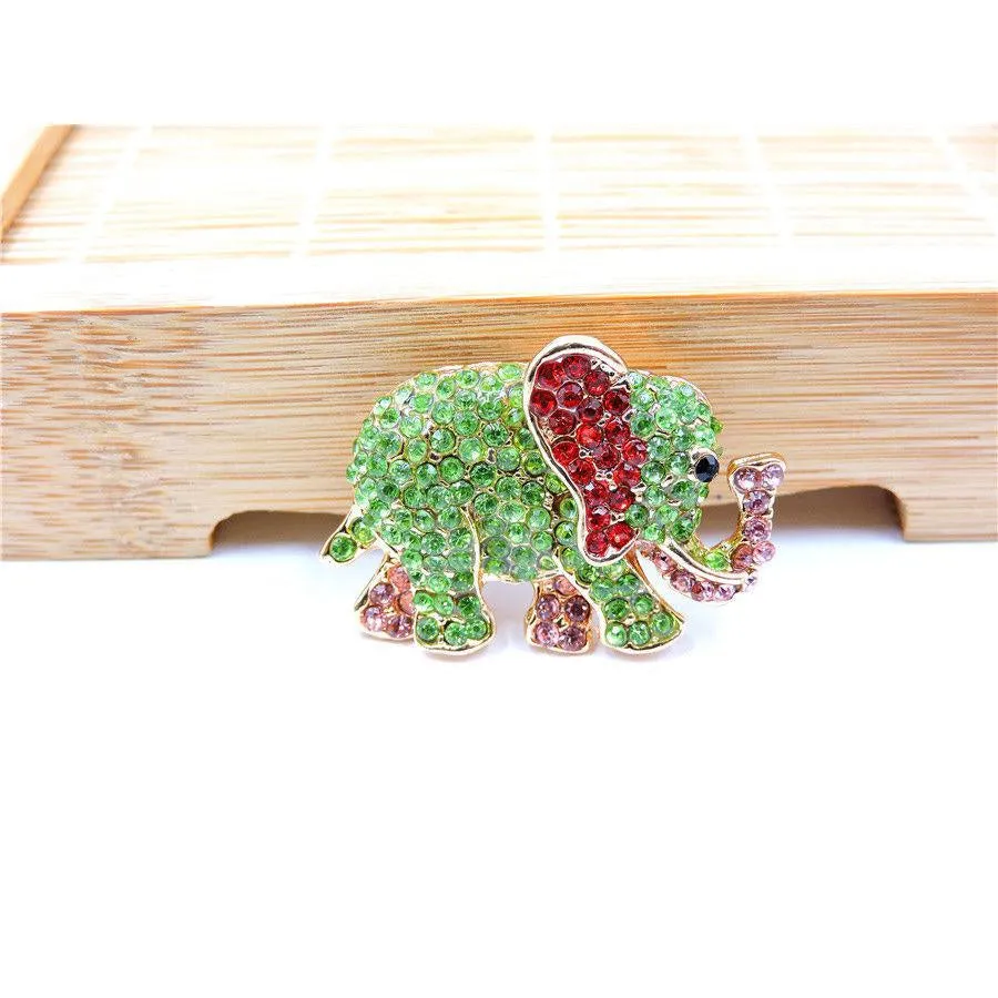 Betsey Johnson Elephant Green Pink Red Crystal Brooch Pin