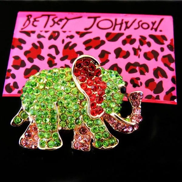 Betsey Johnson Elephant Green Pink Red Crystal Brooch Pin