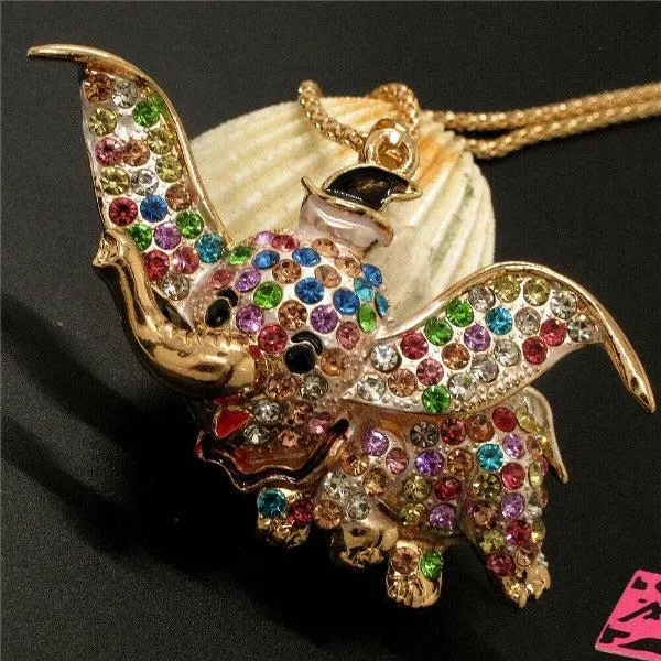 Betsey Johnson Elephant Multi-Color Crystal Rhinestone Gold Necklace