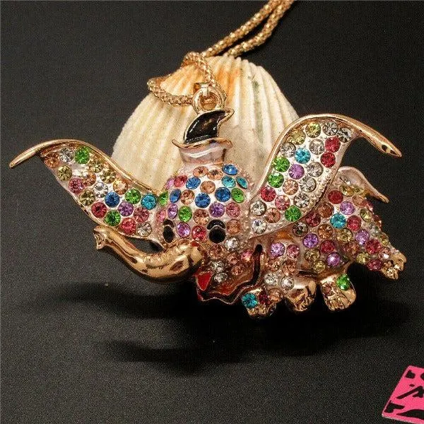 Betsey Johnson Elephant Multi-Color Crystal Rhinestone Gold Necklace