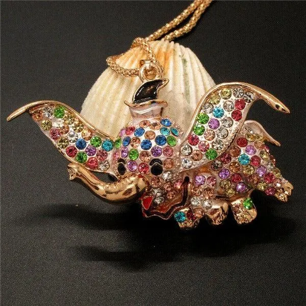 Betsey Johnson Elephant Multi-Color Crystal Rhinestone Gold Necklace