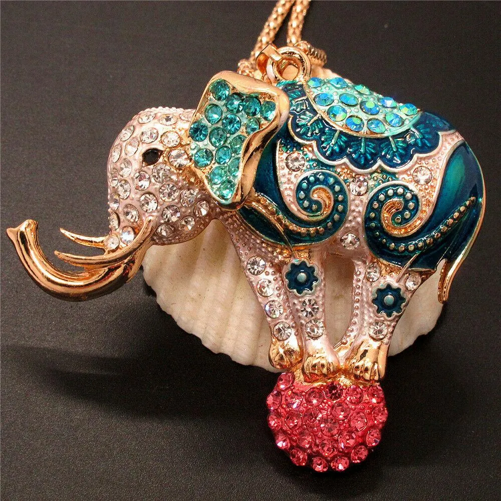 Betsey Johnson Elephant on Ball Multi-Color Crystal Rhinestone Gold Necklace