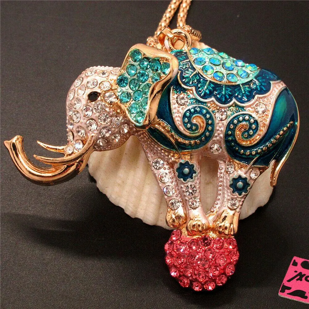 Betsey Johnson Elephant on Ball Multi-Color Crystal Rhinestone Gold Necklace