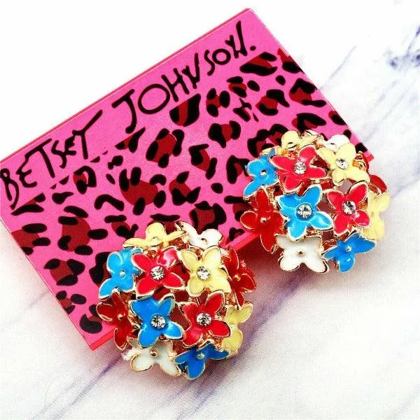 Betsey Johnson Flower Bouquet Multi-Color Crystal Lever Back Earrings