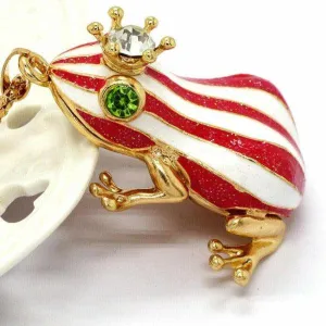 Betsey Johnson Frog Red & White Striped Enamel Crystal Crown Necklace