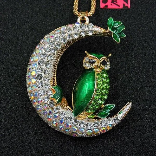 Betsey Johnson Green Owl Crystal Half Moon Gold Necklace