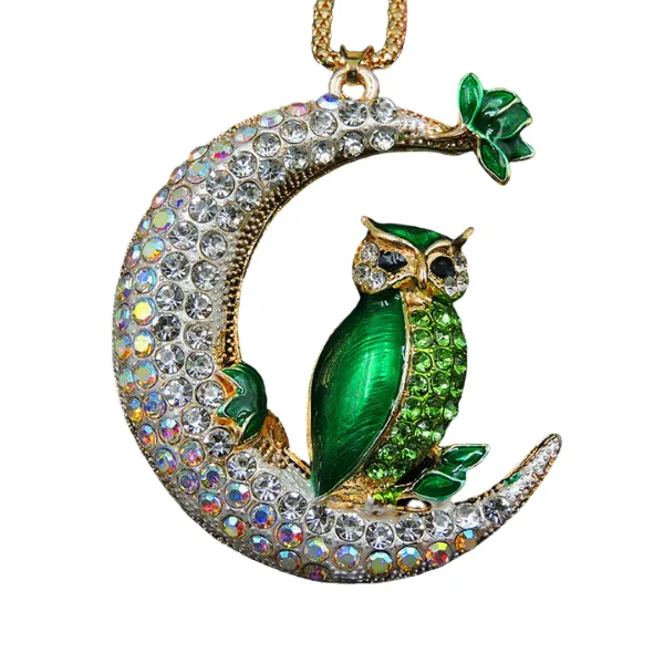 Betsey Johnson Green Owl Crystal Half Moon Gold Necklace