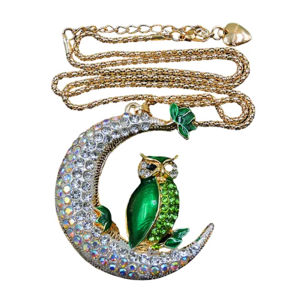 Betsey Johnson Green Owl Crystal Half Moon Gold Necklace