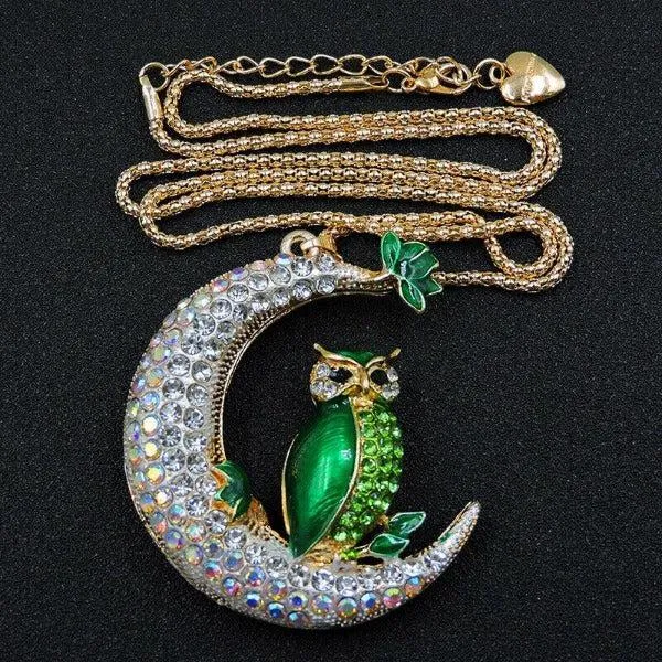 Betsey Johnson Green Owl Crystal Half Moon Gold Necklace