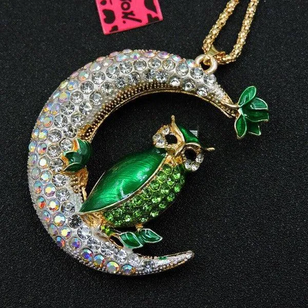 Betsey Johnson Green Owl Crystal Half Moon Gold Necklace