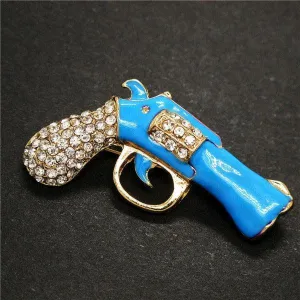 Betsey Johnson Gun Revolver Blue Enamel Rhinestone Brooch Pin