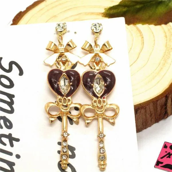 Betsey Johnson Heart Scepter Bow Crystal Earrings