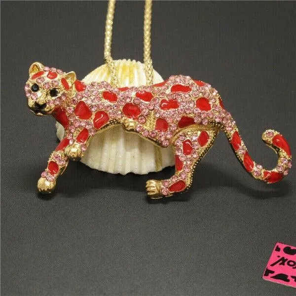 Betsey Johnson Leopard Cheetah Pink & Red Crystal Necklace