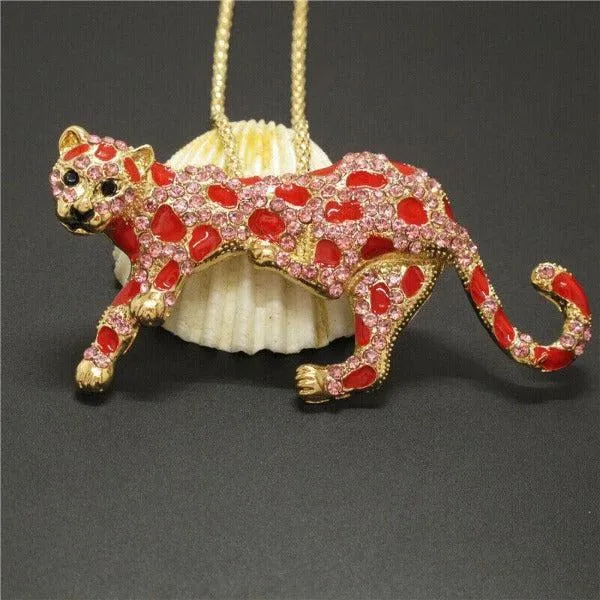 Betsey Johnson Leopard Cheetah Pink & Red Crystal Necklace