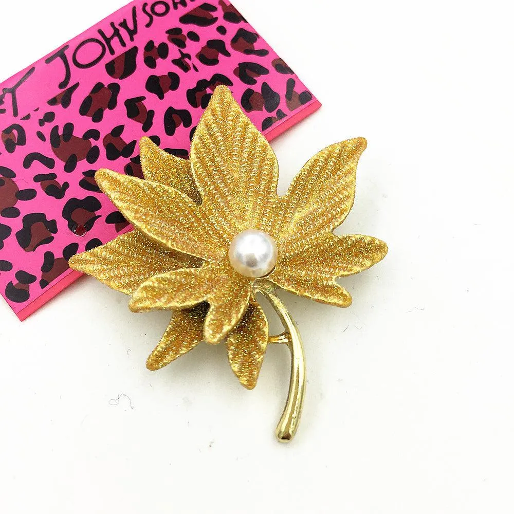 Betsey Johnson Maple Leaf Faux Pearl Brooch Pin