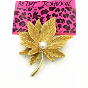 Betsey Johnson Maple Leaf Faux Pearl Brooch Pin