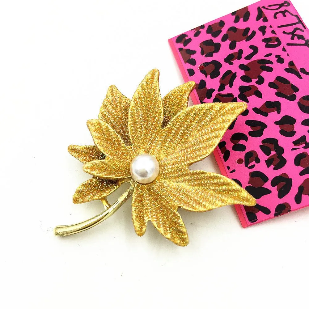 Betsey Johnson Maple Leaf Faux Pearl Brooch Pin