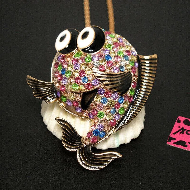 Betsey Johnson Multi-Color Crystal Bubble Fish Gold Pendant Necklace