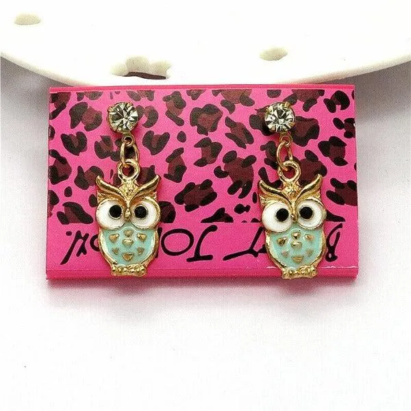 Betsey Johnson Owl Blue Enamel Rhinestone Earrings