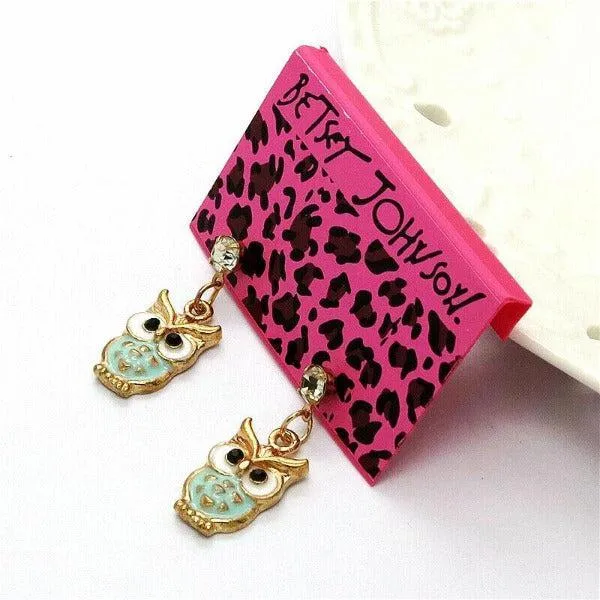 Betsey Johnson Owl Blue Enamel Rhinestone Earrings