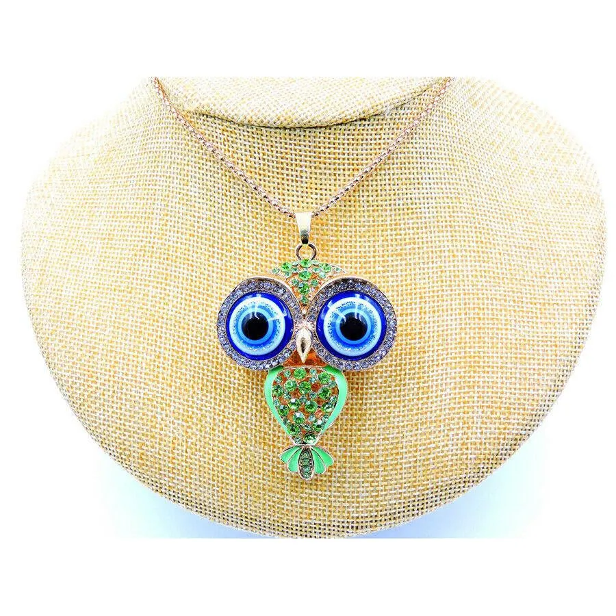 Betsey Johnson Owl Green Crystal Rhinestones Gold Necklace