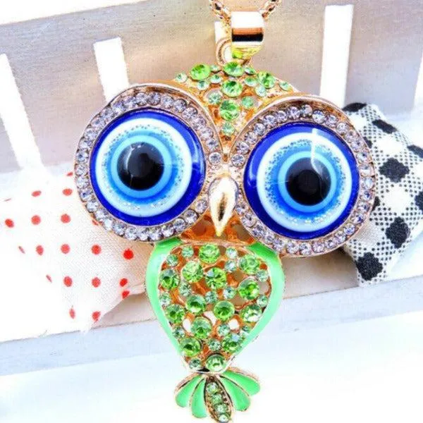 Betsey Johnson Owl Green Crystal Rhinestones Gold Necklace