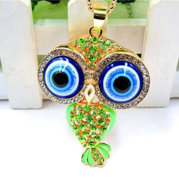 Betsey Johnson Owl Green Crystal Rhinestones Gold Necklace