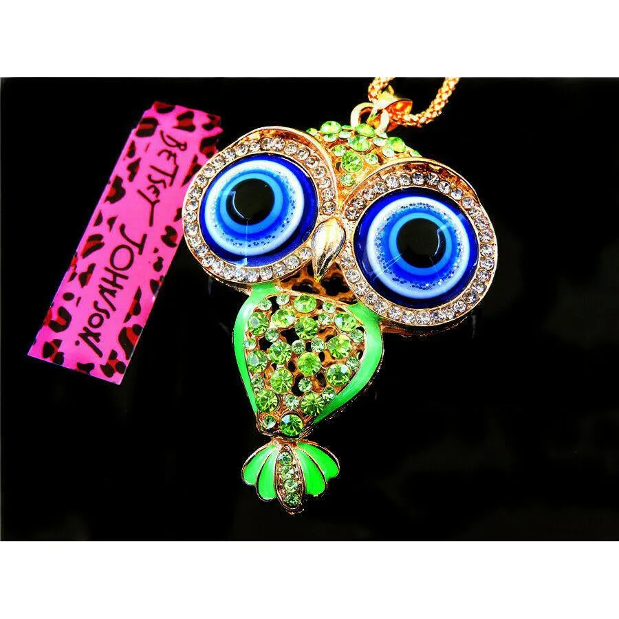 Betsey Johnson Owl Green Crystal Rhinestones Gold Necklace