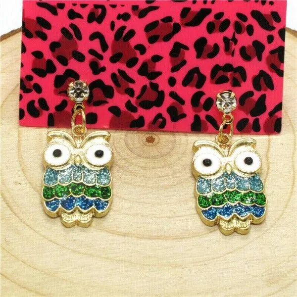 Betsey Johnson Owl Green Enamel Rhinestone Gold Earrings