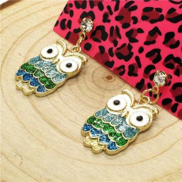 Betsey Johnson Owl Green Enamel Rhinestone Gold Earrings