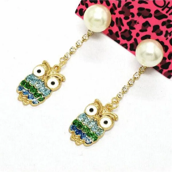 Betsey Johnson Owl Green Rhinestone Faux Pearl Gold Earrings