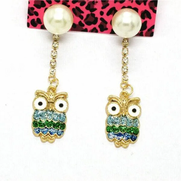 Betsey Johnson Owl Green Rhinestone Faux Pearl Gold Earrings