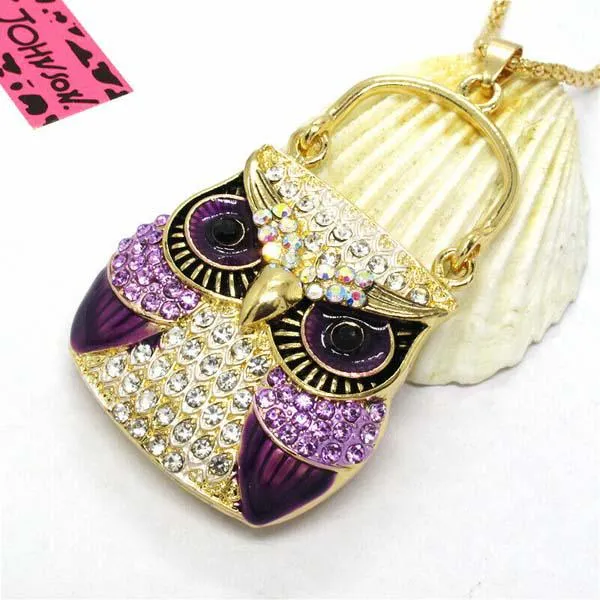 Betsey Johnson Owl Purse Purple Rhinestones Crystal Eyes Gold Necklace