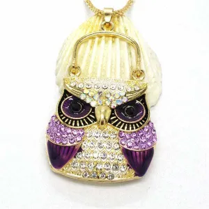 Betsey Johnson Owl Purse Purple Rhinestones Crystal Eyes Gold Necklace