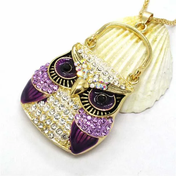 Betsey Johnson Owl Purse Purple Rhinestones Crystal Eyes Gold Necklace