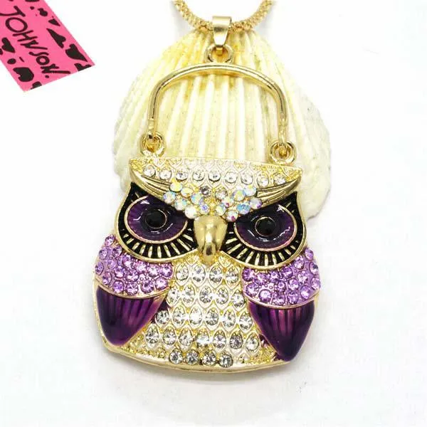 Betsey Johnson Owl Purse Purple Rhinestones Crystal Eyes Gold Necklace