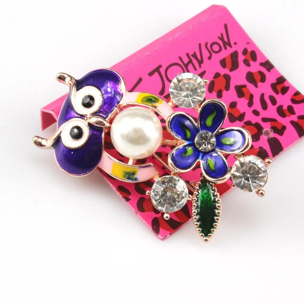 Betsey Johnson Owl Rhinestone Flower Gold Brooch Pin