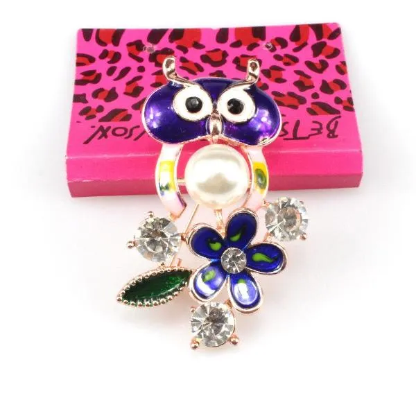 Betsey Johnson Owl Rhinestone Flower Gold Brooch Pin