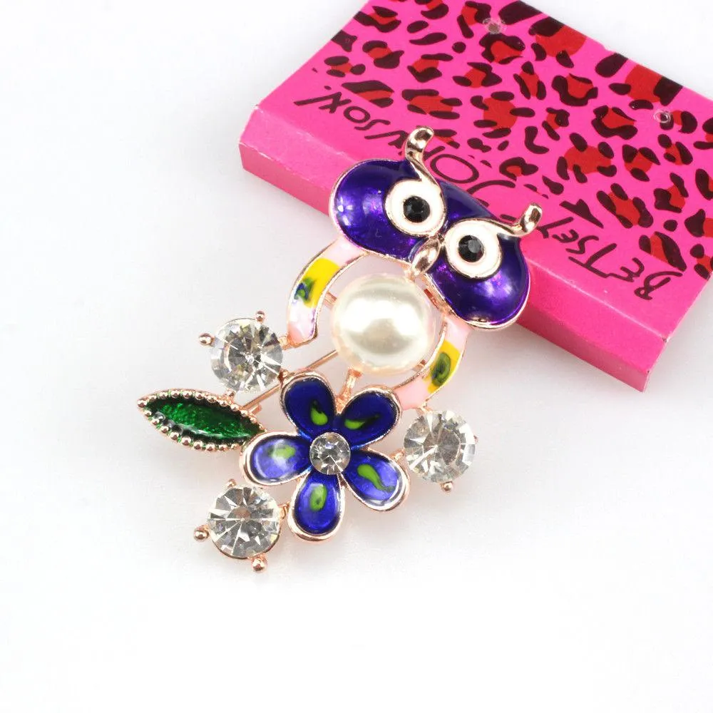 Betsey Johnson Owl Rhinestone Flower Gold Brooch Pin