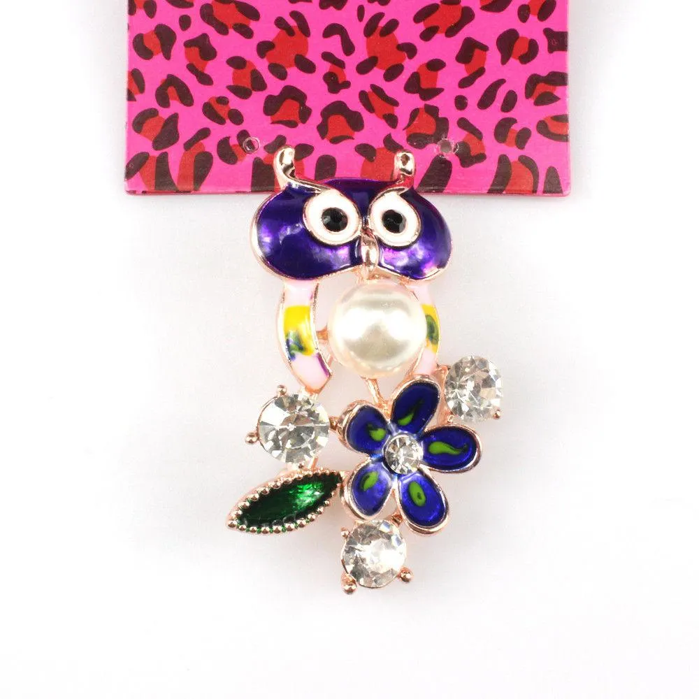 Betsey Johnson Owl Rhinestone Flower Gold Brooch Pin