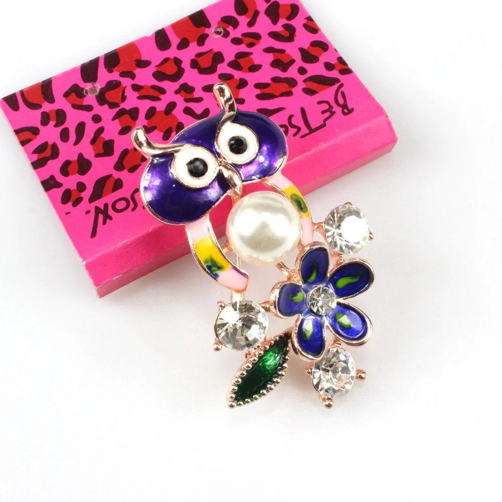 Betsey Johnson Owl Rhinestone Flower Gold Brooch Pin