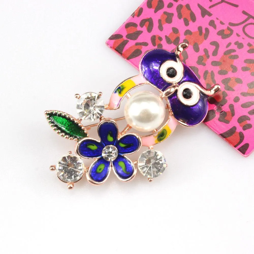 Betsey Johnson Owl Rhinestone Flower Gold Brooch Pin