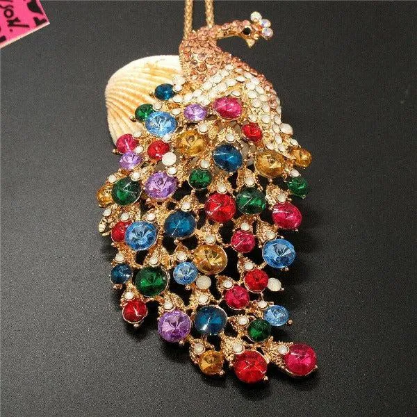 Betsey Johnson Peacock Multi-Color Rhinestone Gold Pendant Necklace