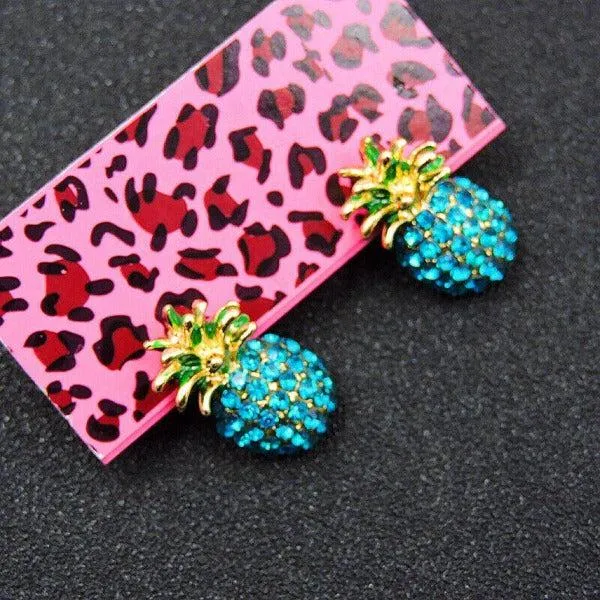 Betsey Johnson Pineapple Blue Crystal Stud Earrings