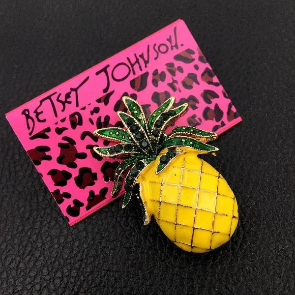 Betsey Johnson Pineapple Yellow Enamel & Green Crystal Brooch Pin