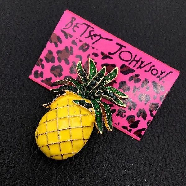 Betsey Johnson Pineapple Yellow Enamel & Green Crystal Brooch Pin