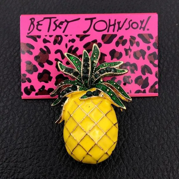 Betsey Johnson Pineapple Yellow Enamel & Green Crystal Brooch Pin